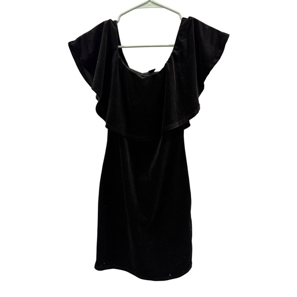 Forever 21 Black Velvet Ruffle Off Shoulder Bodycon Mini Dress - M - Picture 3 of 6